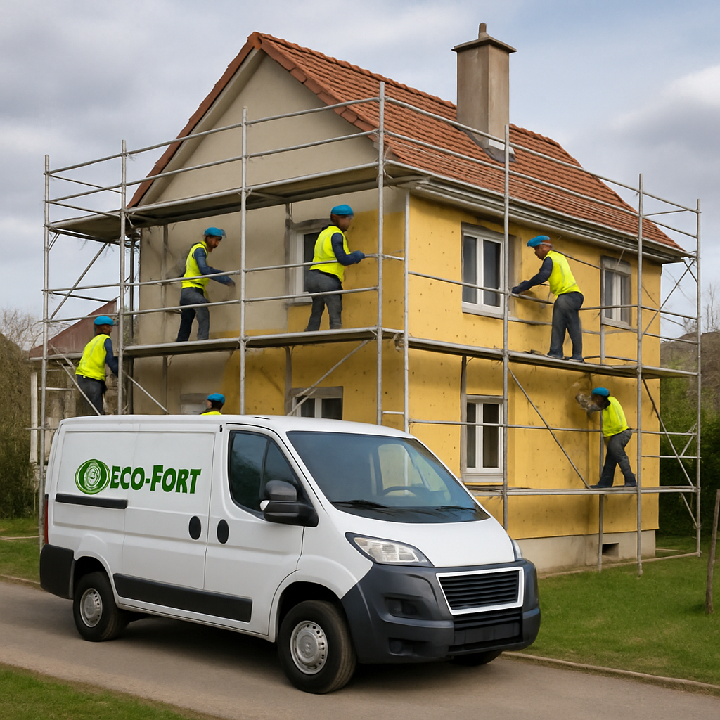 Isolation de maison par lexterieure avec lechafodage tout autoure de la maison et des ouvrier qui travail une camion utilitaire dans la cour avec logo ECOFORT-1